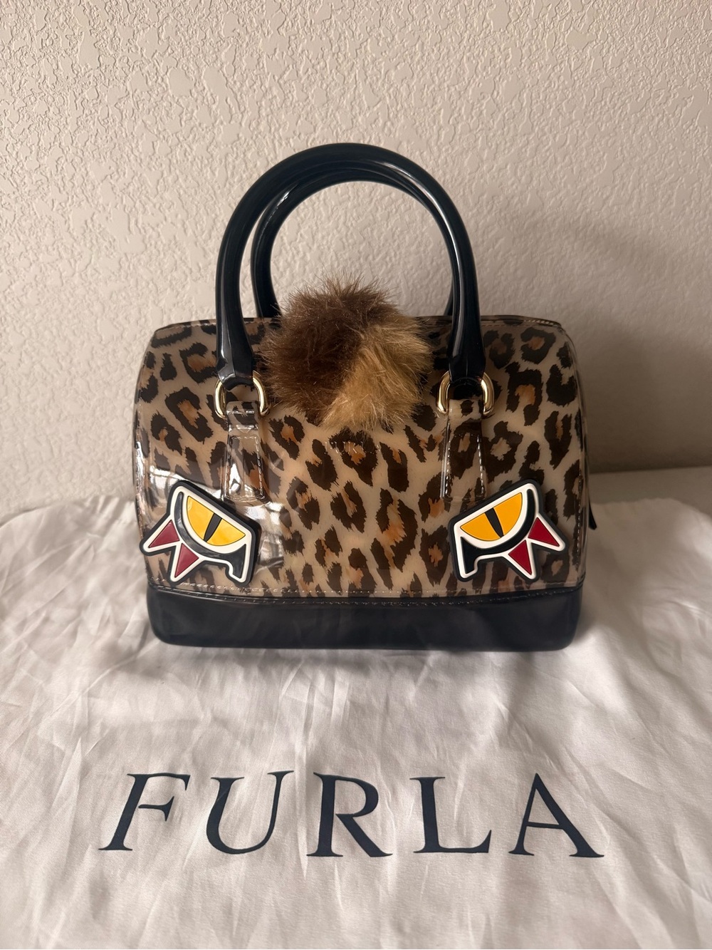 Furla Leopard-Print Dome Satchel with Black Trim and Pom-Authentic!! - Picture 3 of 11